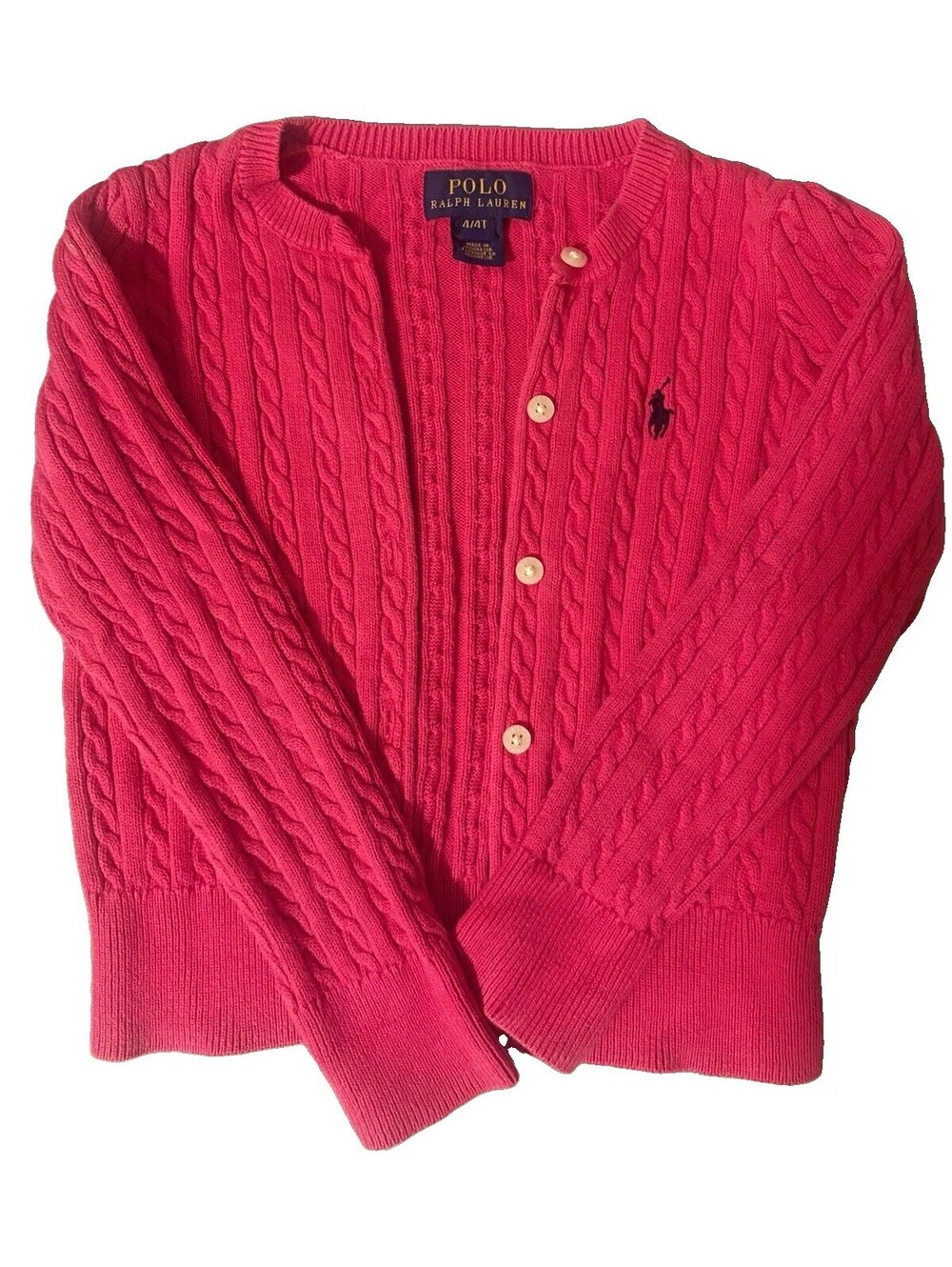 Polo Ralph Lauren Girls 4T Pink Cable-Knit Cotton Button Cardigan Sweater